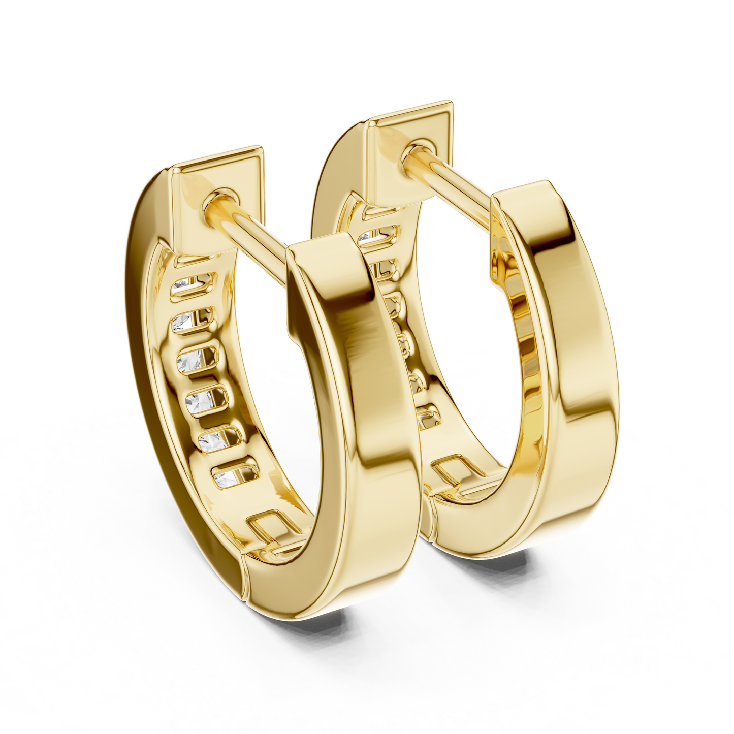 Round Cut Lab Grown Diamond Crest Channel Huggie Hoop Earrings in Yellow Gold