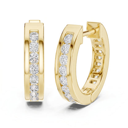 Round Cut Lab Grown Diamond Crest Channel Huggie Hoop Earrings in Yellow Gold
