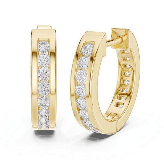 Round Cut Lab Grown Diamond Crest Channel Huggie Hoop Earrings in Yellow Gold