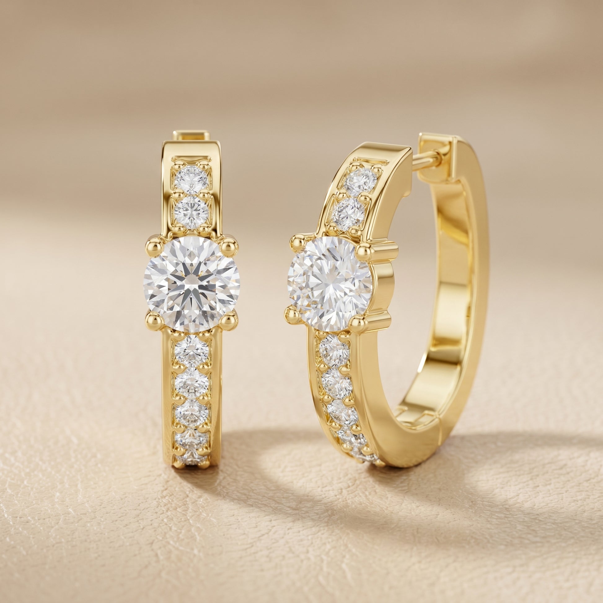 Round Cut Lab Grown Diamond Hoop Earrings in Yellow Gold