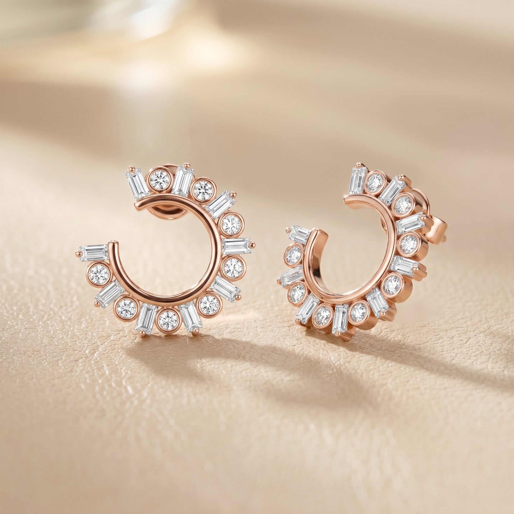 Emerald Round Cut Lab Grown Diamond Hoop Earrings in Rose Gold
