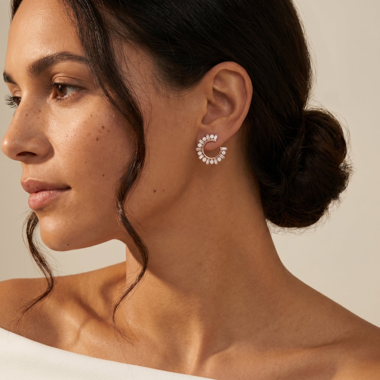Emerald Round Cut Lab Grown Diamond Hoop Earrings in Rose Gold