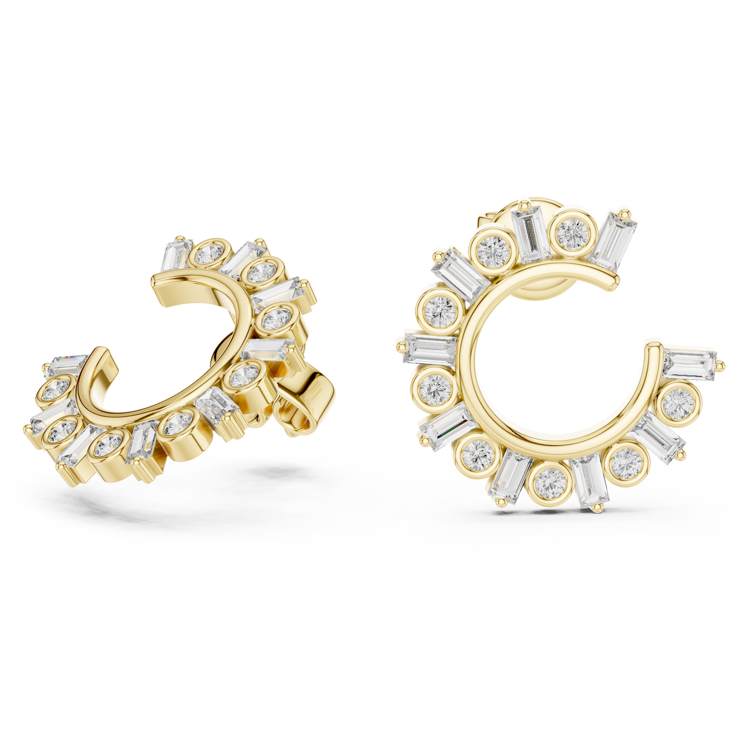 Emerald Round Cut Lab Grown Diamond Hoop Earrings in Yellow Gold