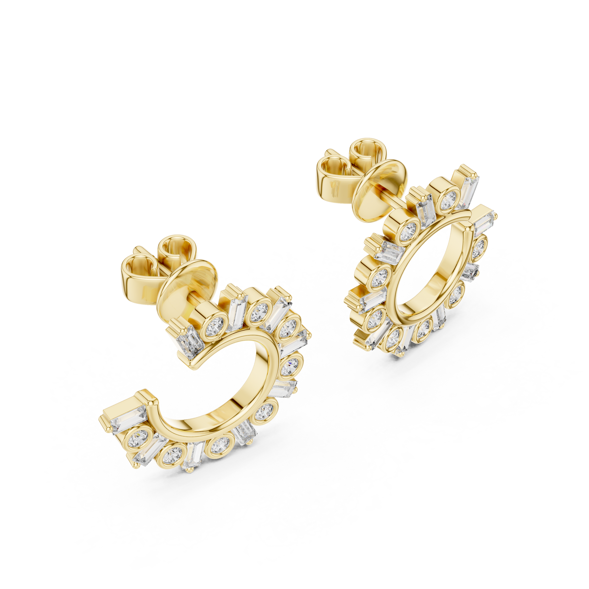 Emerald Round Cut Lab Grown Diamond Hoop Earrings in Yellow Gold