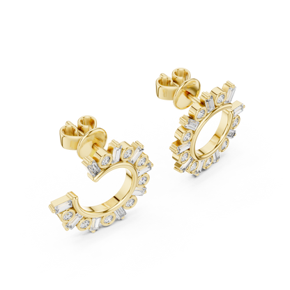 Emerald Round Cut Lab Grown Diamond Hoop Earrings in Yellow Gold