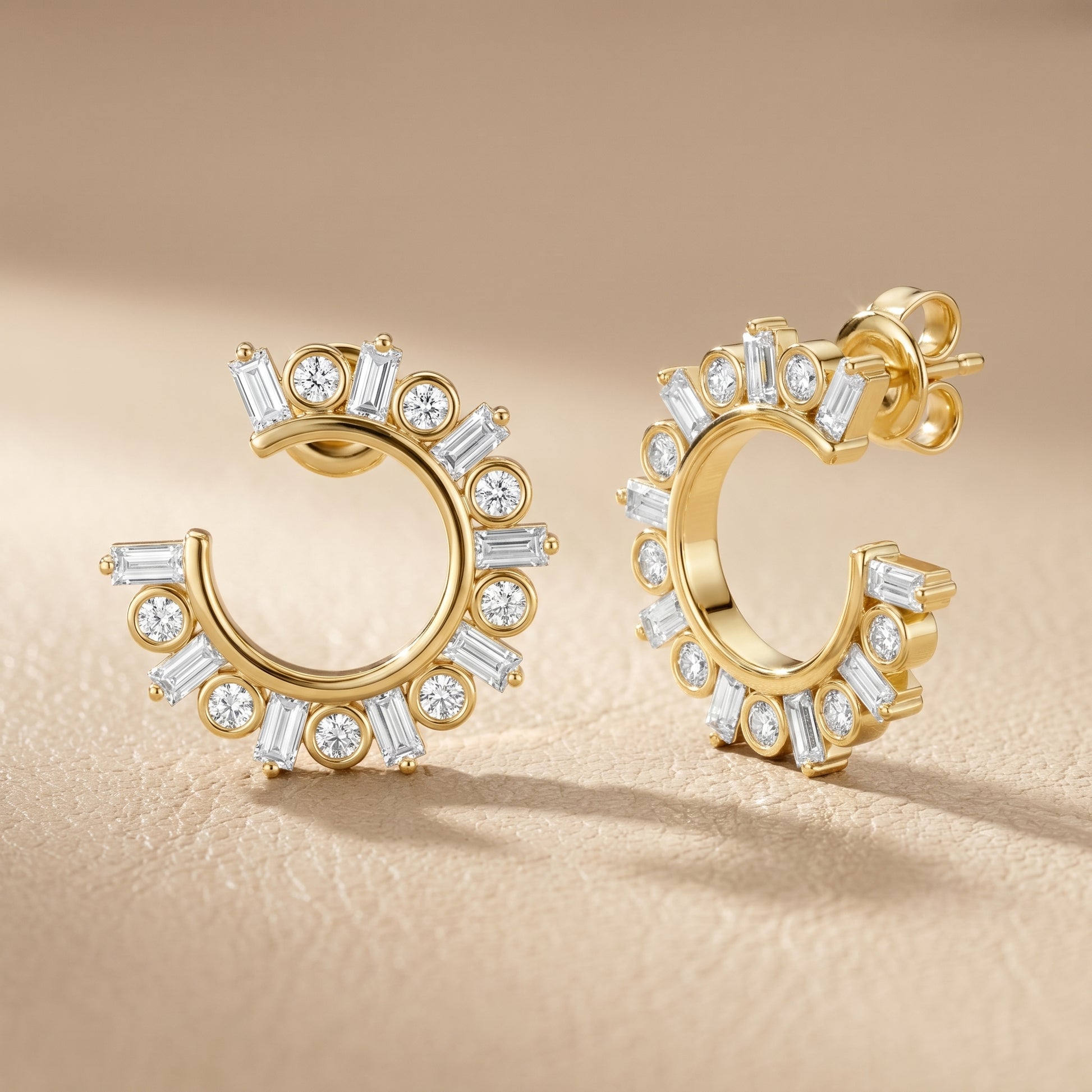 Emerald Round Cut Lab Grown Diamond Hoop Earrings in Yellow Gold