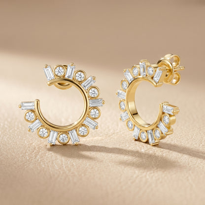 Emerald Round Cut Lab Grown Diamond Hoop Earrings in Yellow Gold