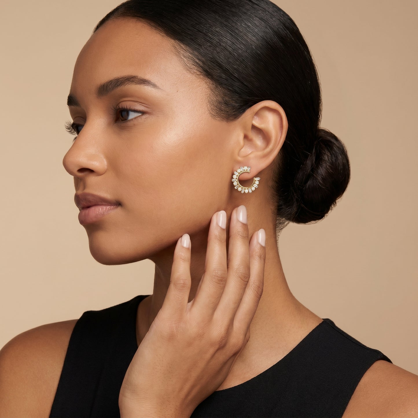 Emerald Round Cut Lab Grown Diamond Hoop Earrings in Yellow Gold