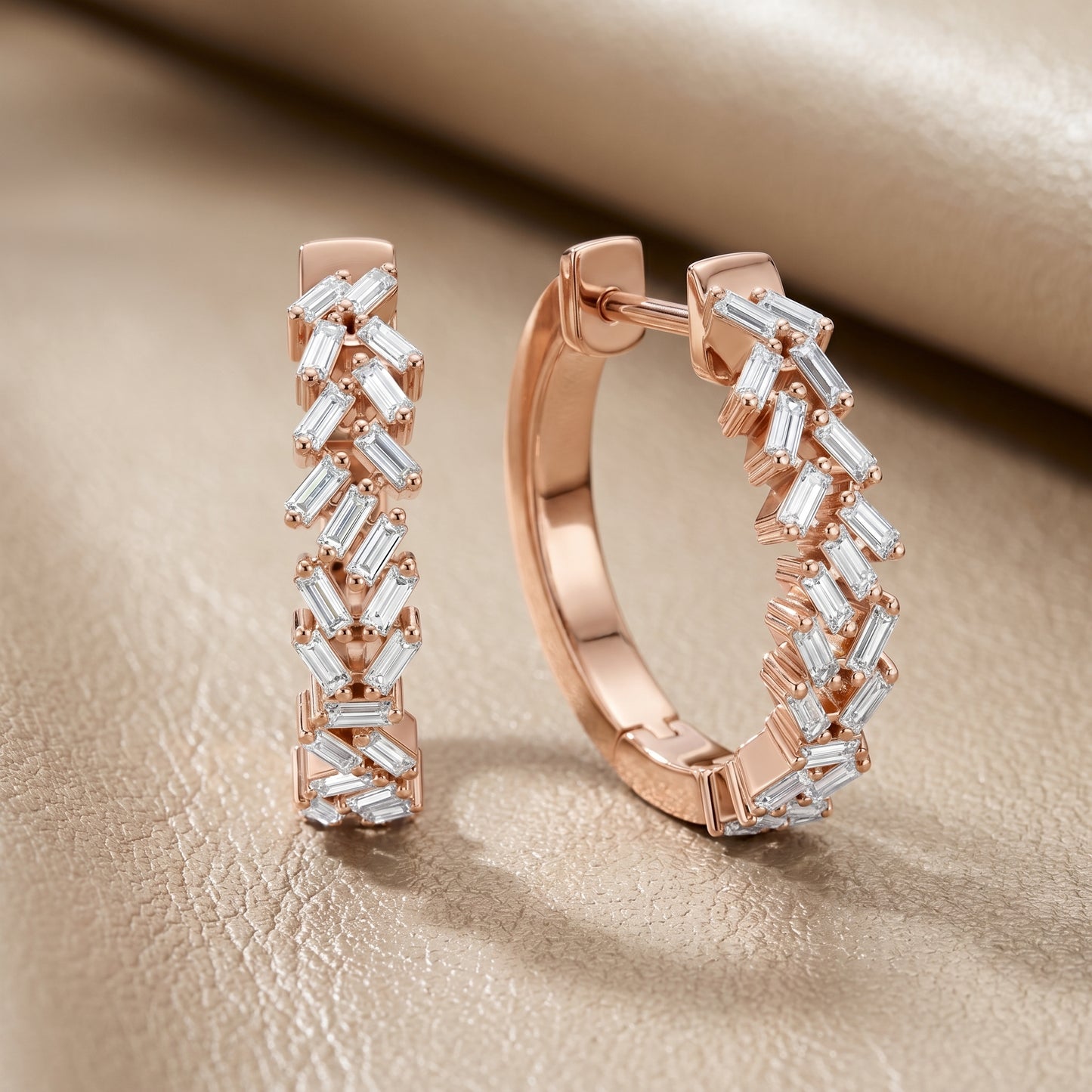 Emerald Cut Lab Grown Diamond Hoop Earrings in Rose Gold