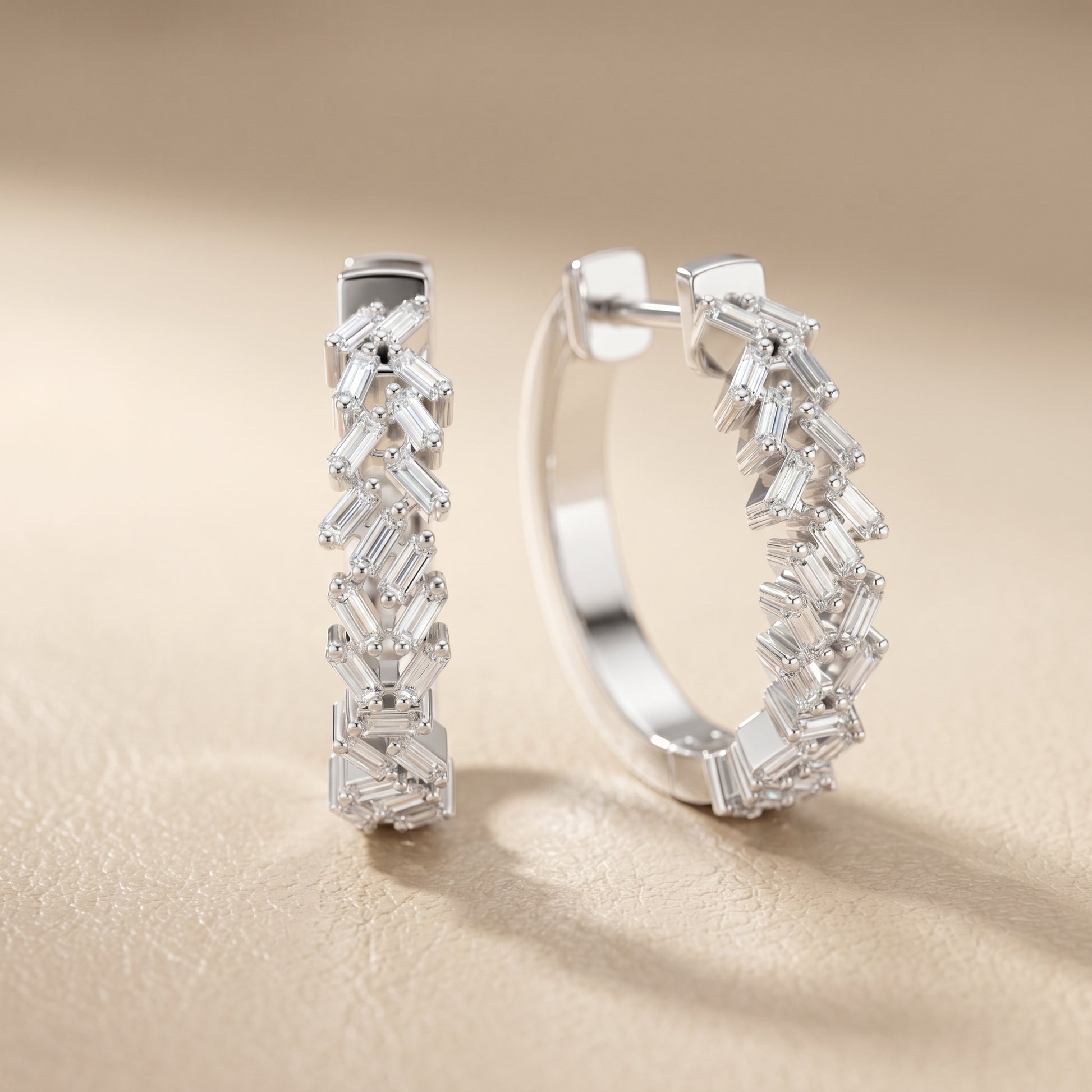 Emerald Cut Lab Grown Diamond Hoop Earrings in Platinum