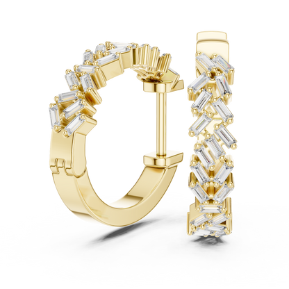 Emerald Cut Lab Grown Diamond Hoop Earrings in Yellow Gold