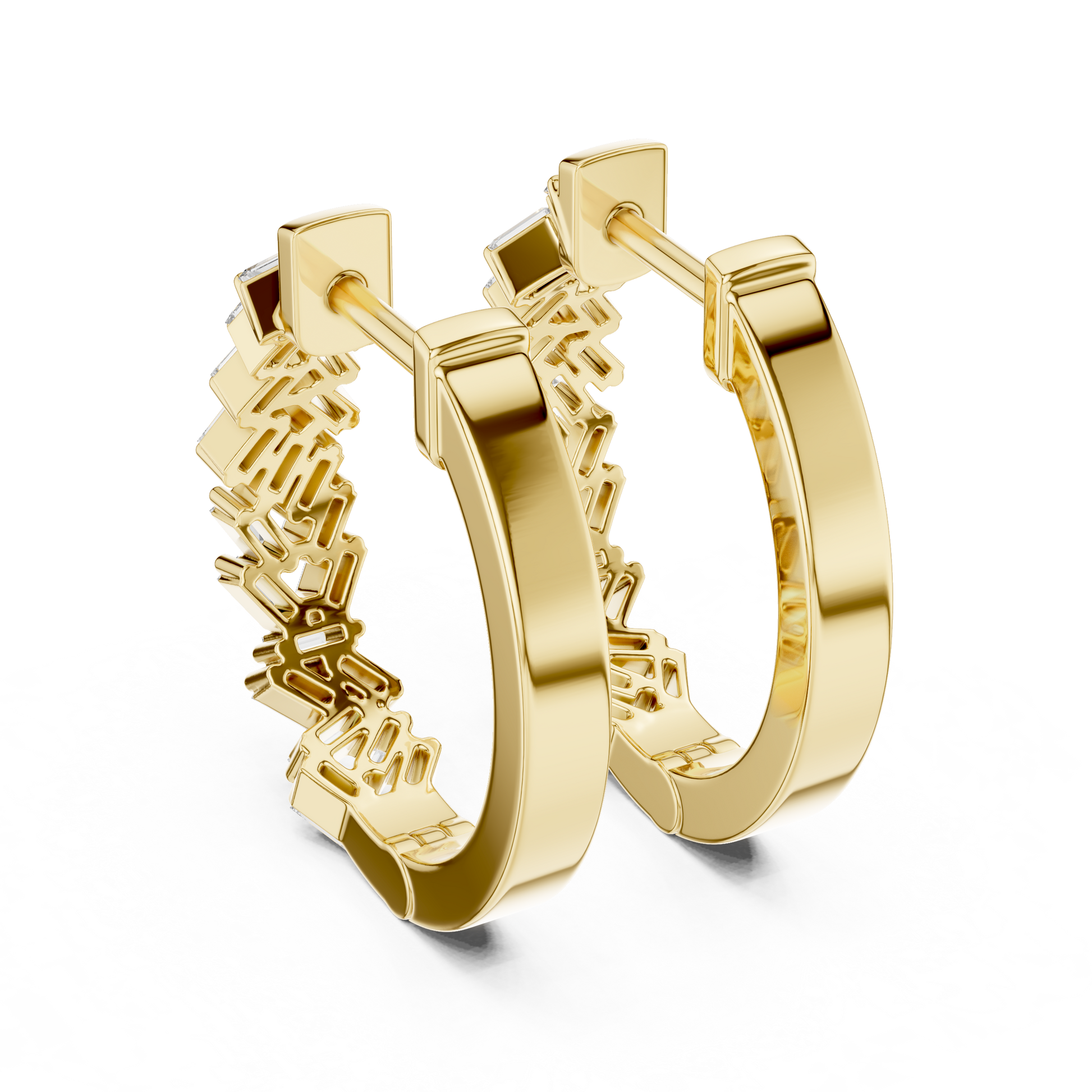 Emerald Cut Lab Grown Diamond Hoop Earrings in Yellow Gold