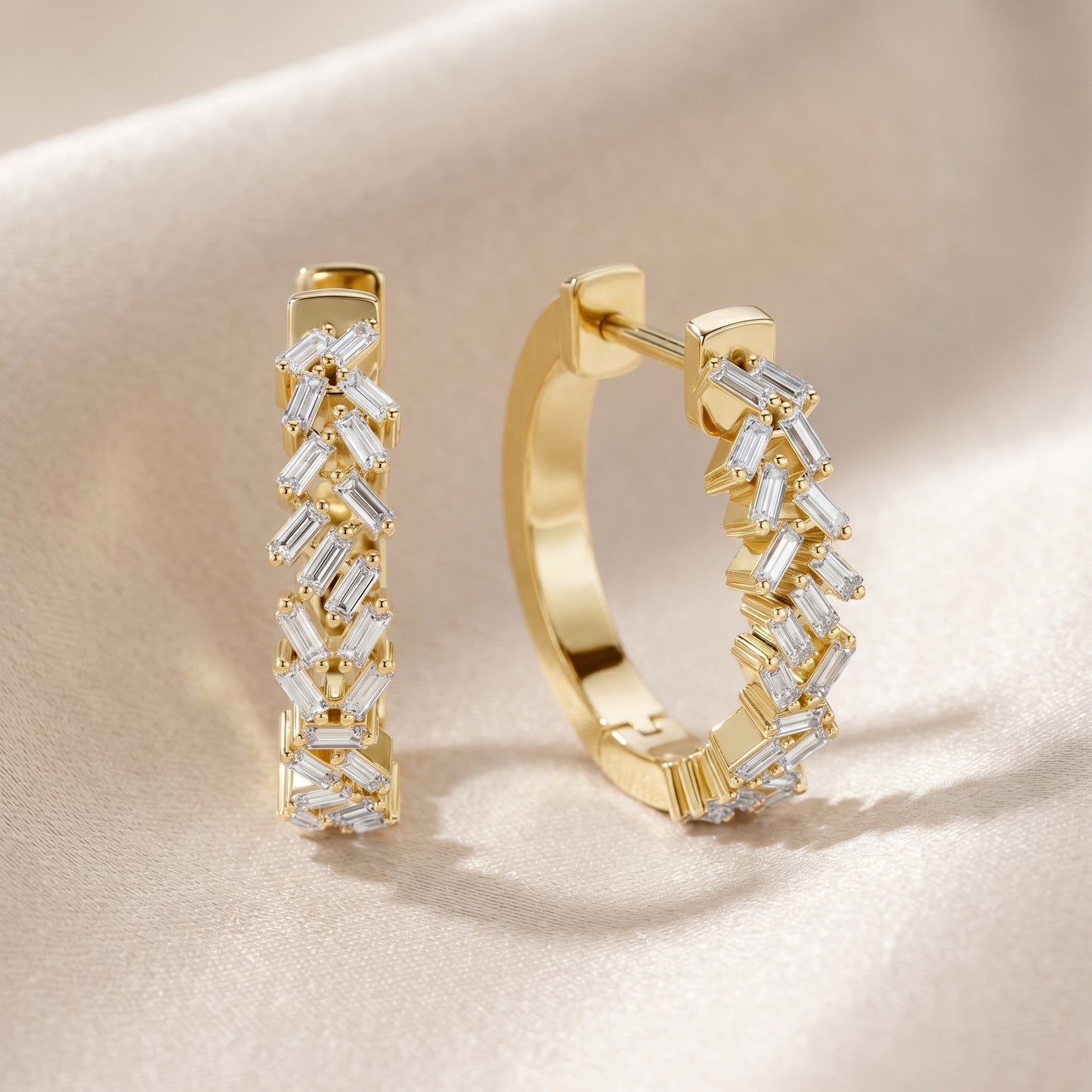 Emerald Cut Lab Grown Diamond Hoop Earrings in Yellow Gold