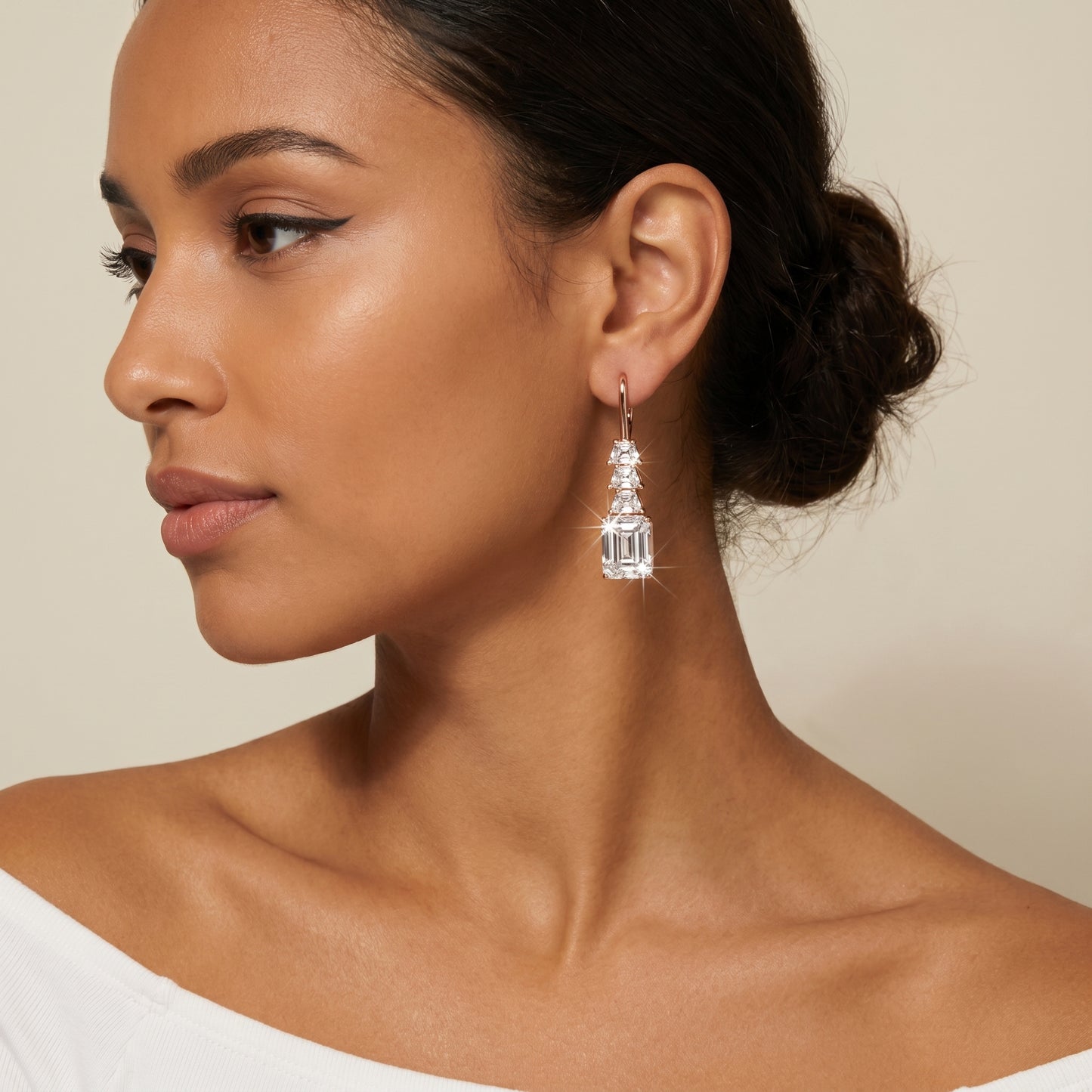 Emerald Cut Lab Grown Diamond Drop Earrings in Rose Gold