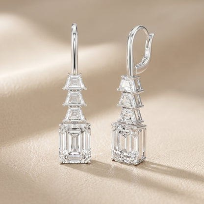 Emerald Cut Lab Grown Diamond Drop Earrings in Silver