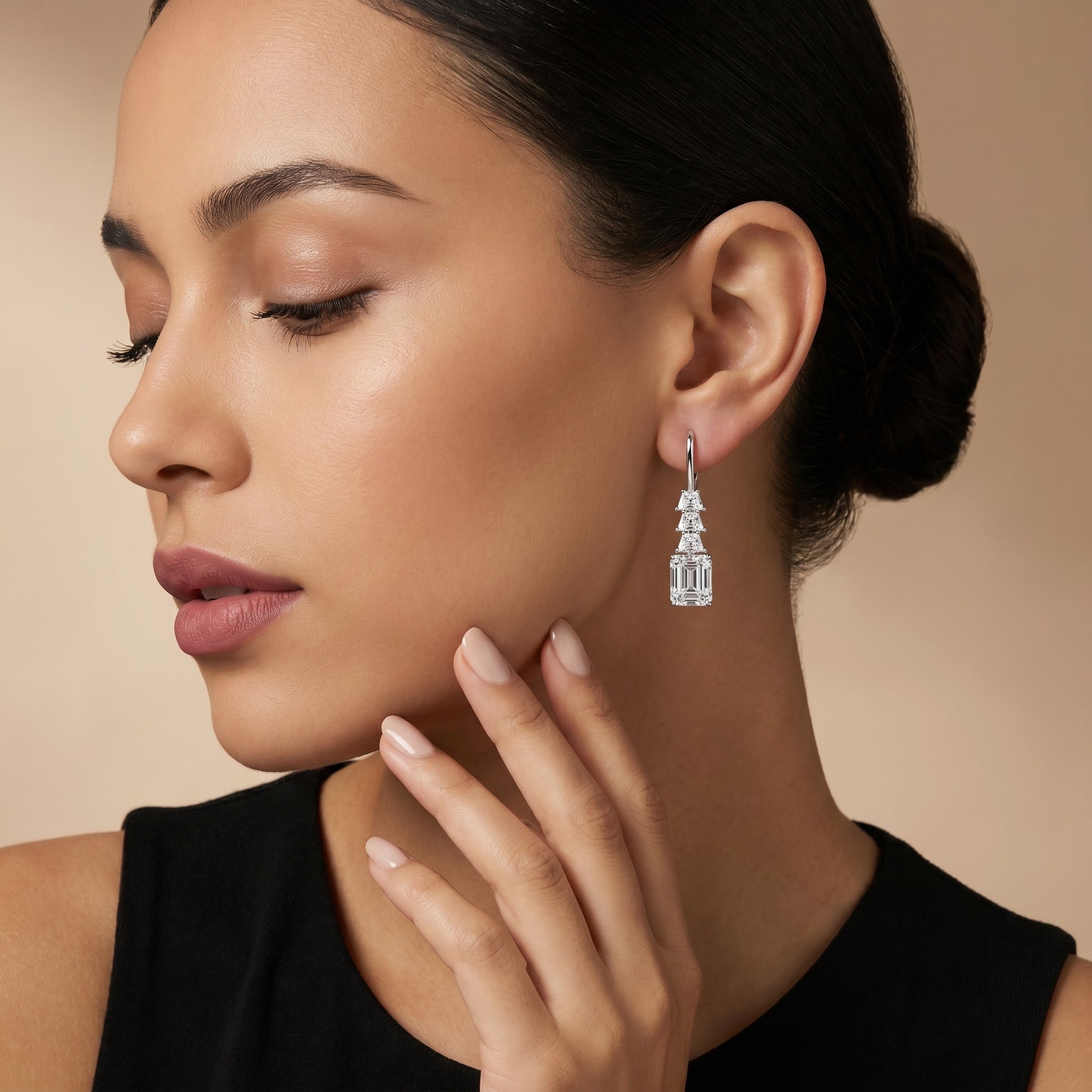 Emerald Cut Lab Grown Diamond Drop Earrings in Silver
