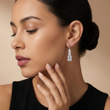 Emerald Cut Lab Grown Diamond Drop Earrings in Silver