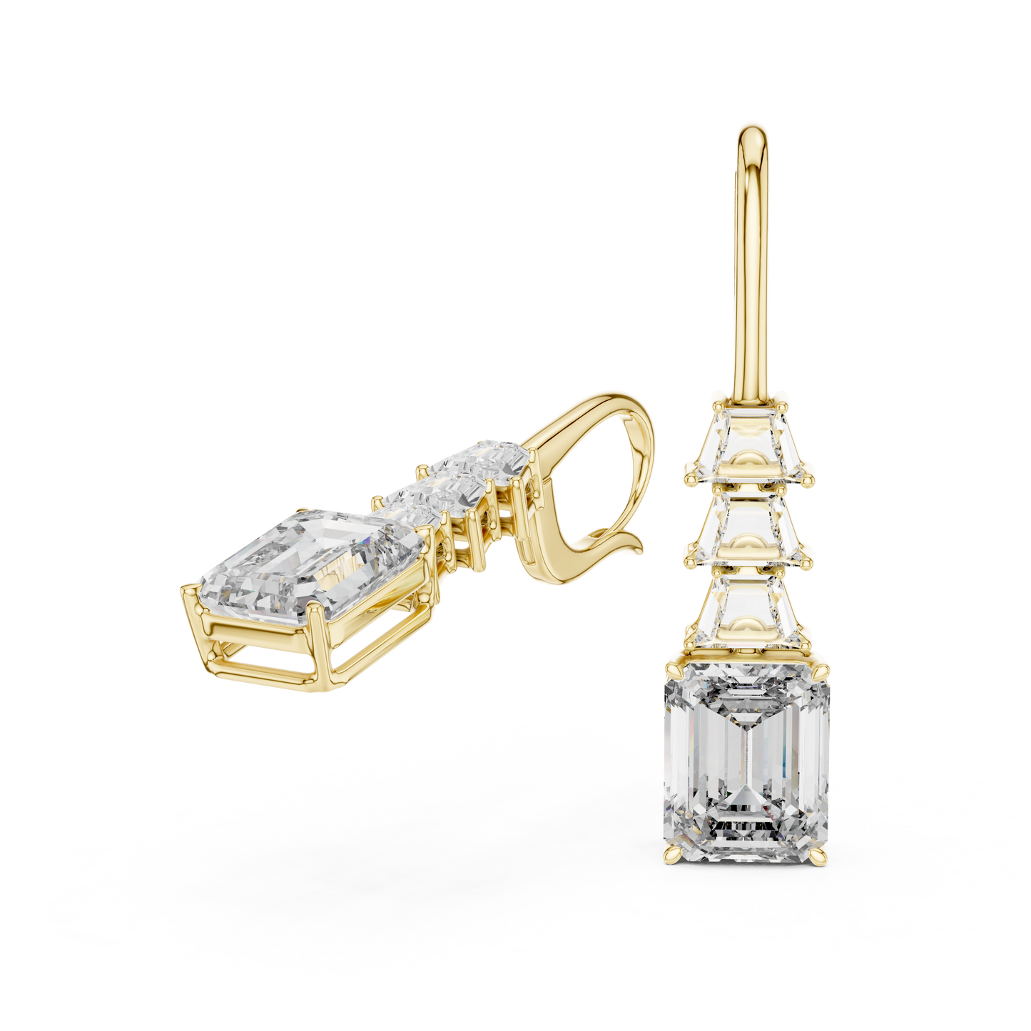 Emerald Cut Lab Grown Diamond Drop Earrings in Yellow Gold