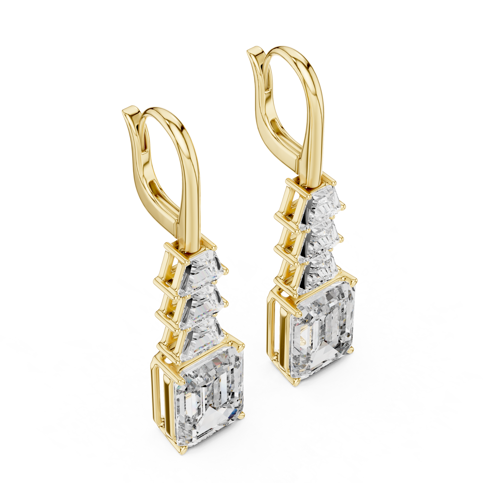 Emerald Cut Lab Grown Diamond Drop Earrings in Yellow Gold