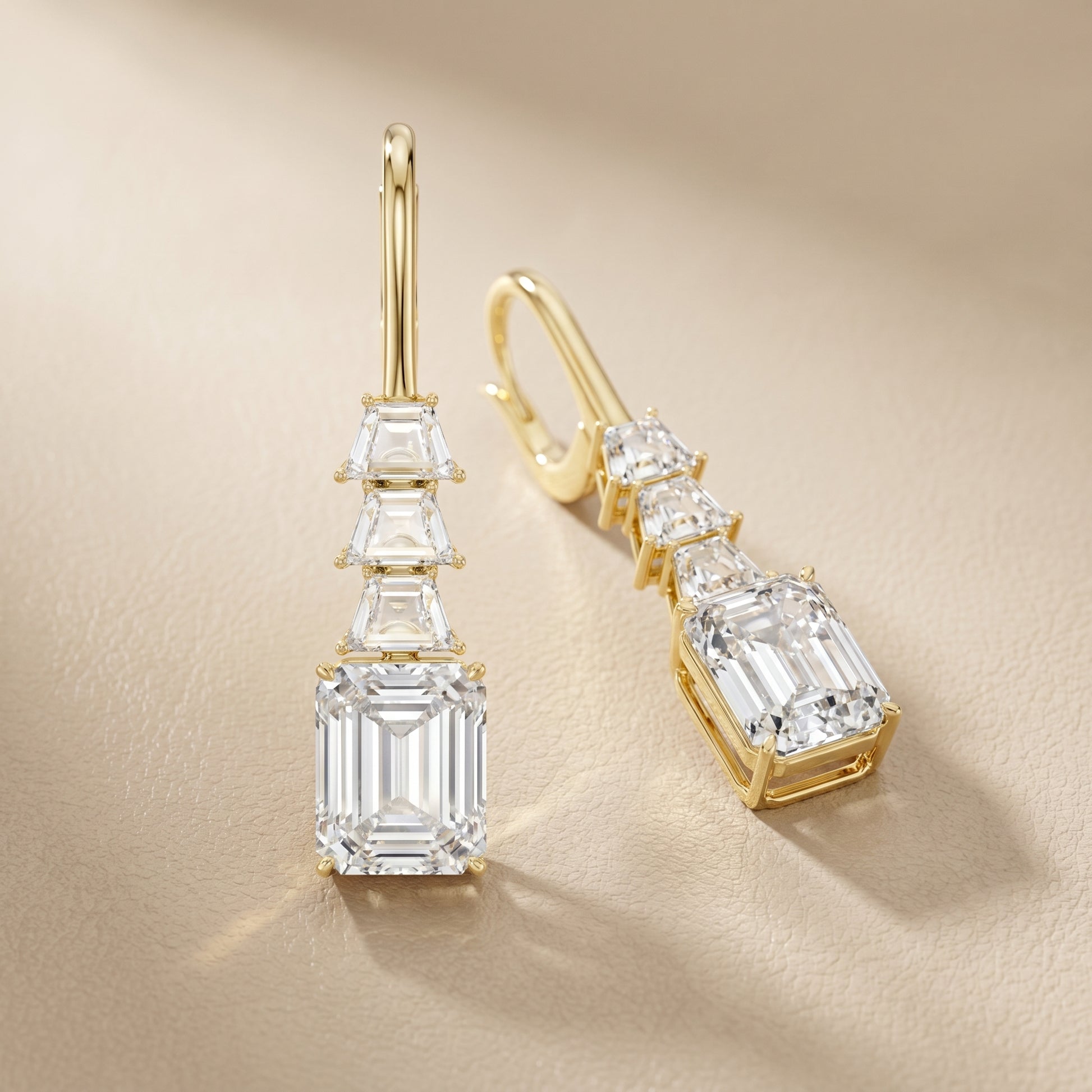 Emerald Cut Lab Grown Diamond Drop Earrings in Yellow Gold