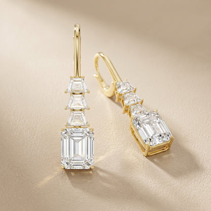 Emerald Cut Lab Grown Diamond Drop Earrings in Yellow Gold