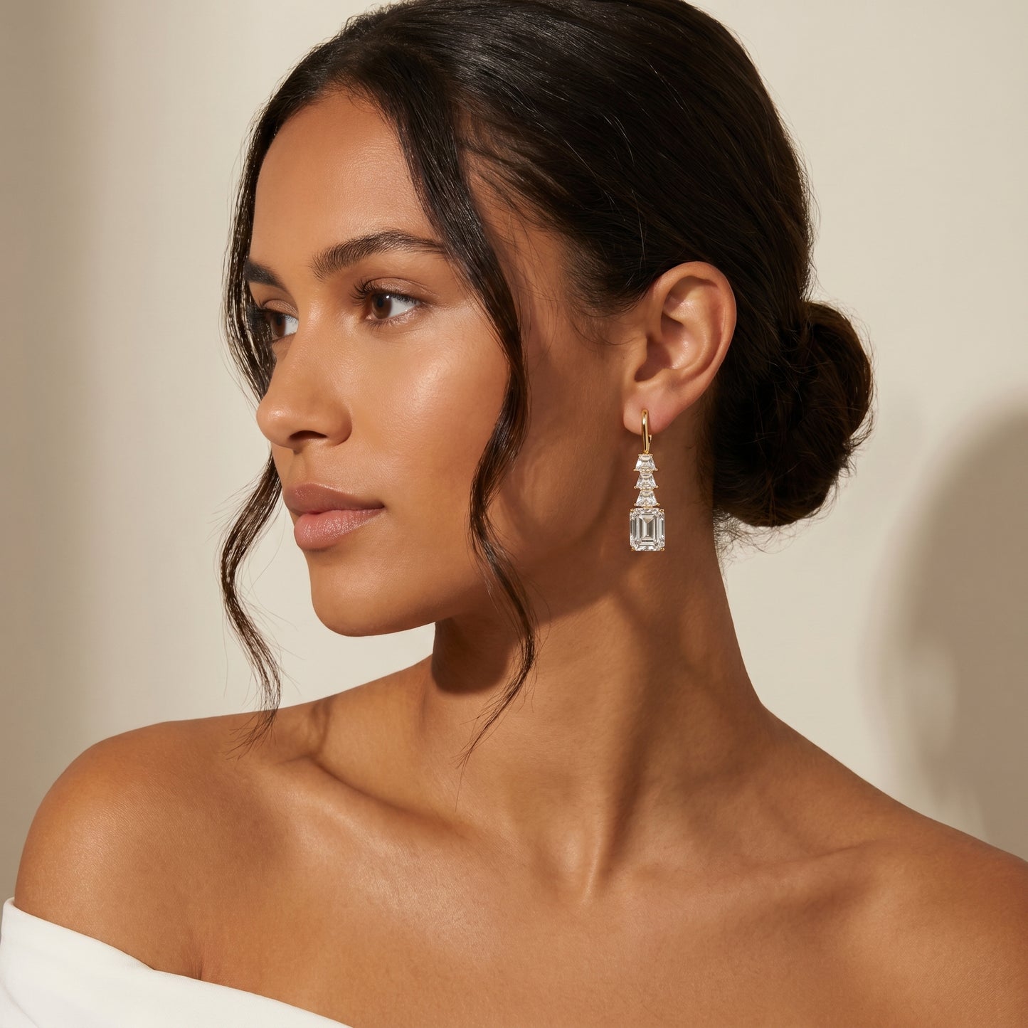 Emerald Cut Lab Grown Diamond Drop Earrings in Yellow Gold