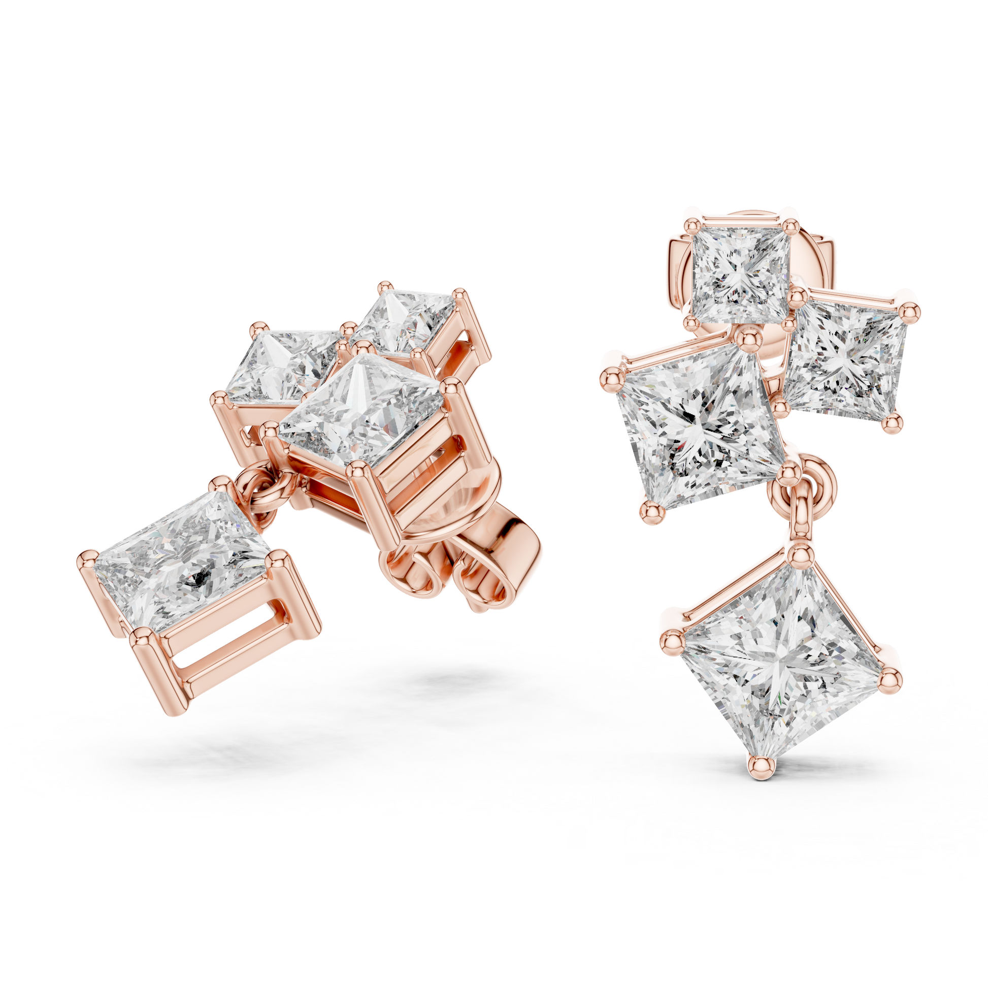 Princess Cut Lab Grown Diamond Crest Cluster Dangle Earrings in Rose Gold