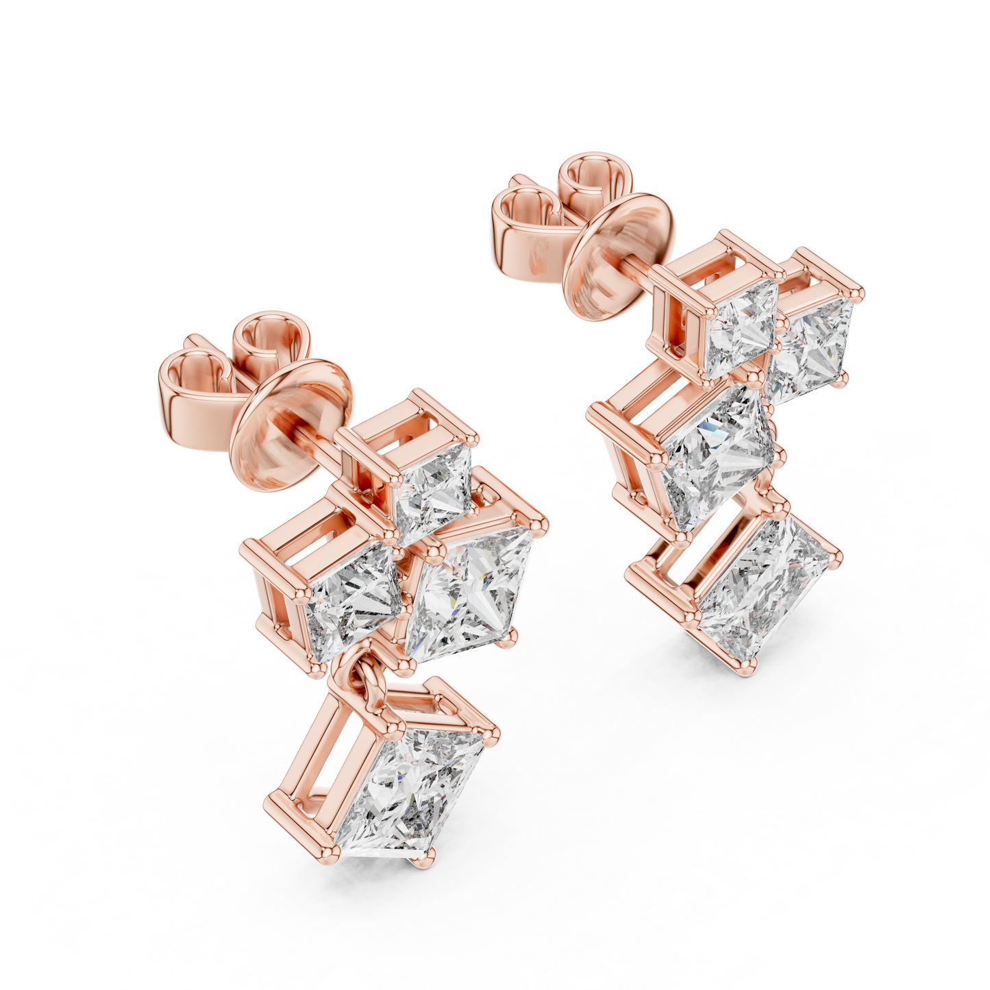 Princess Cut Lab Grown Diamond Crest Cluster Dangle Earrings in Rose Gold