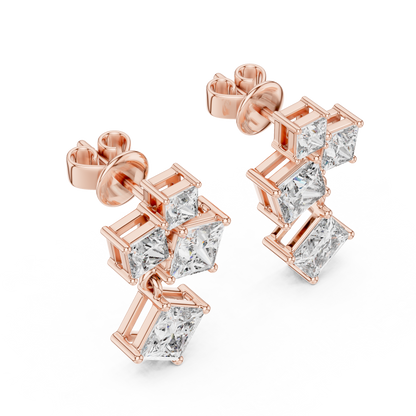 Princess Cut Lab Grown Diamond Crest Cluster Dangle Earrings in Rose Gold
