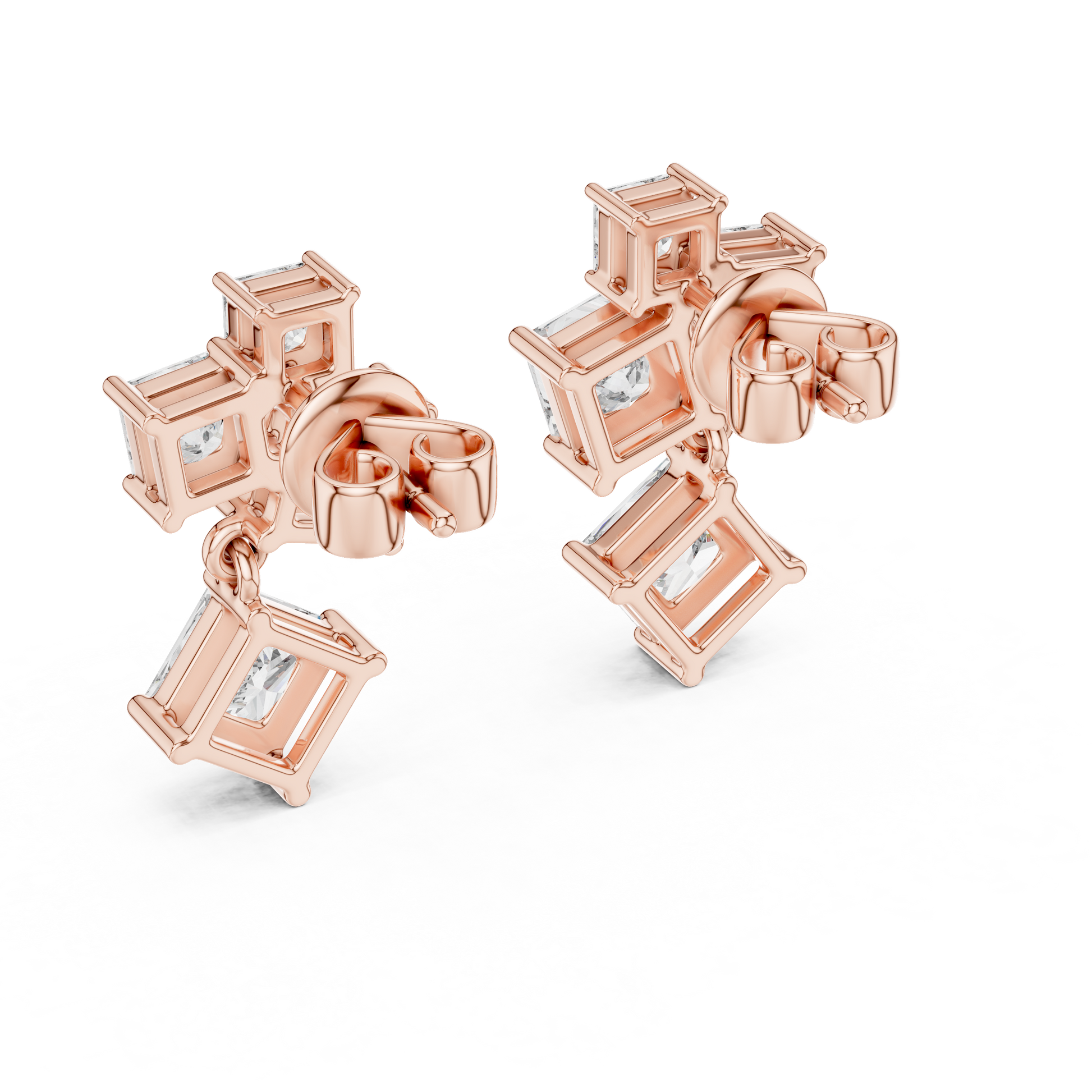 Princess Cut Lab Grown Diamond Crest Cluster Dangle Earrings in Rose Gold