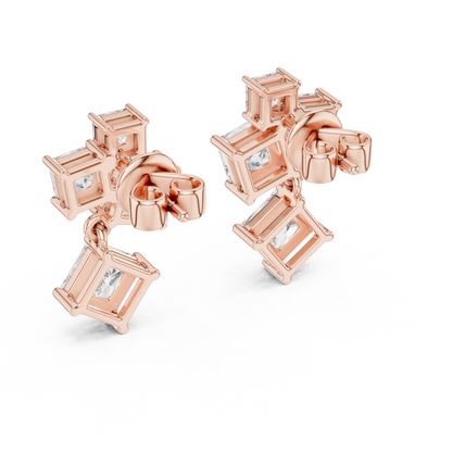 Princess Cut Lab Grown Diamond Crest Cluster Dangle Earrings in Rose Gold