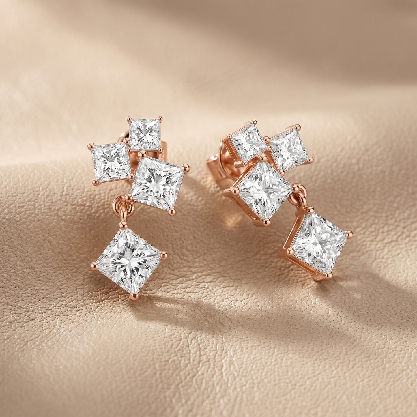 Princess Cut Lab Grown Diamond Crest Cluster Dangle Earrings in Rose Gold