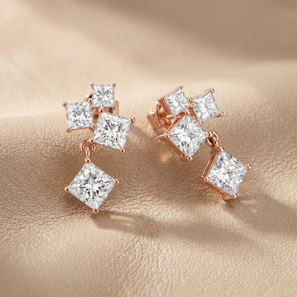 Princess Cut Lab Grown Diamond Crest Cluster Dangle Earrings in Rose Gold