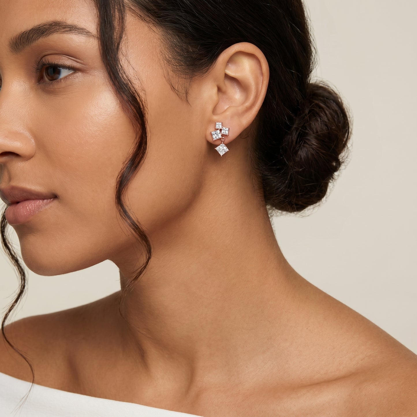 Princess Cut Lab Grown Diamond Crest Cluster Dangle Earrings in Rose Gold