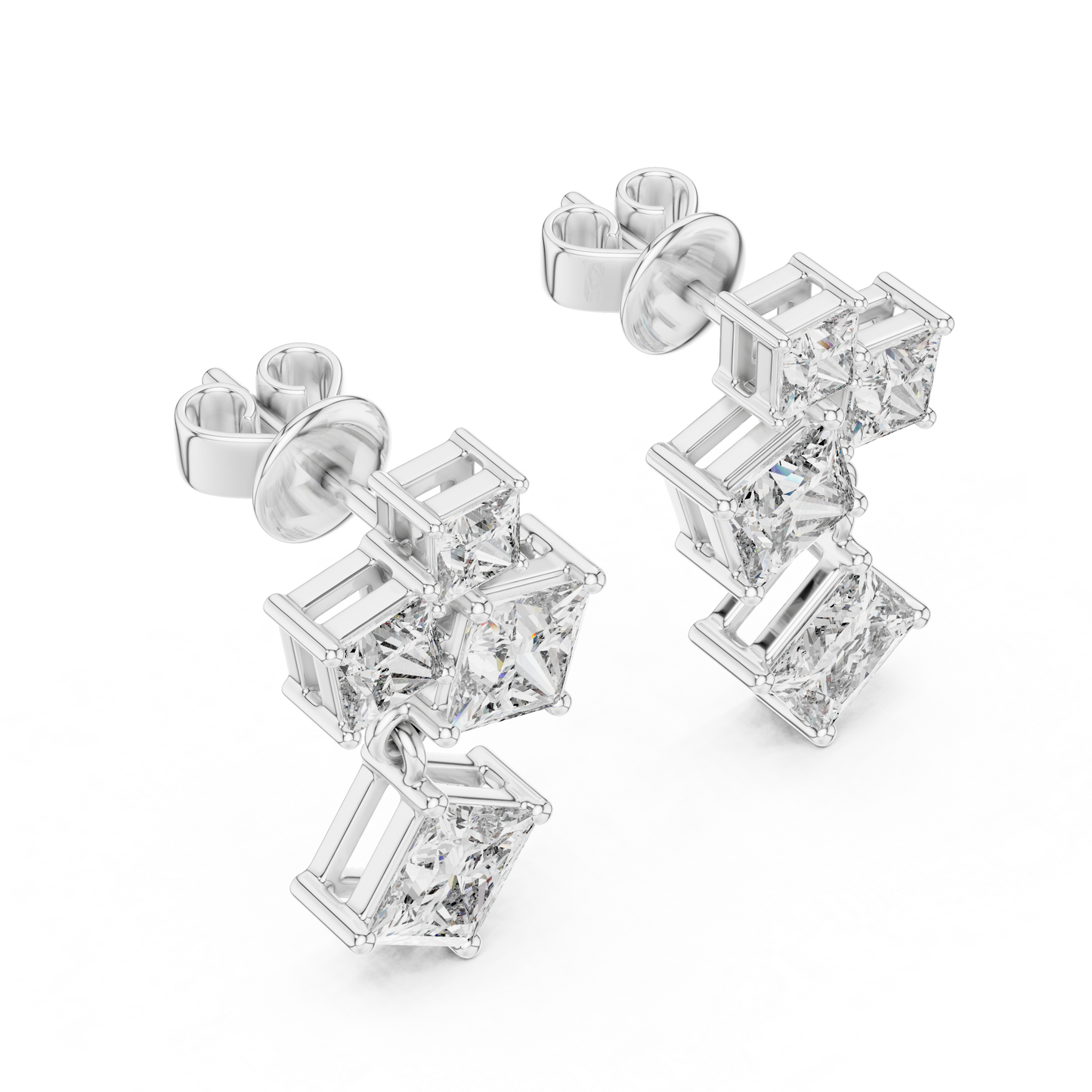Princess Cut Lab Grown Diamond Crest Cluster Dangle Earrings in White Gold
