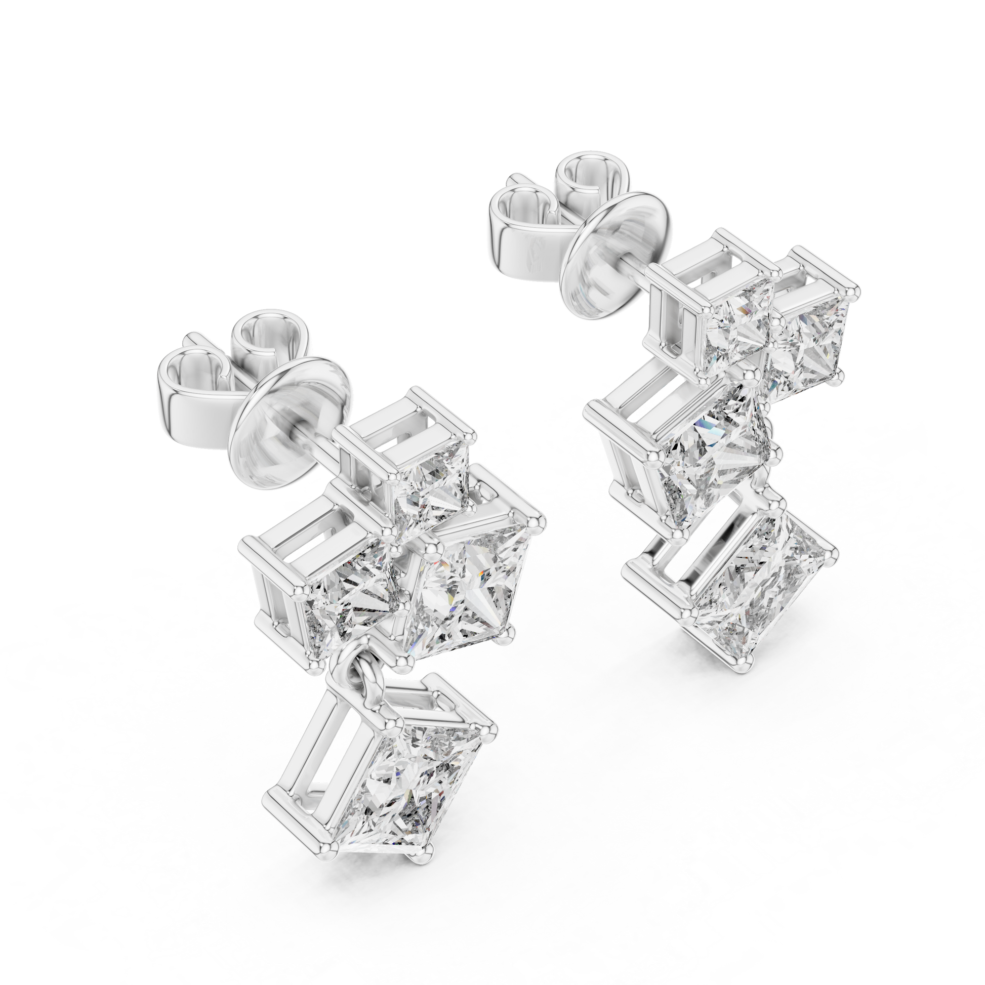 Princess Cut Lab Grown Diamond Crest Cluster Dangle Earrings in Platinum