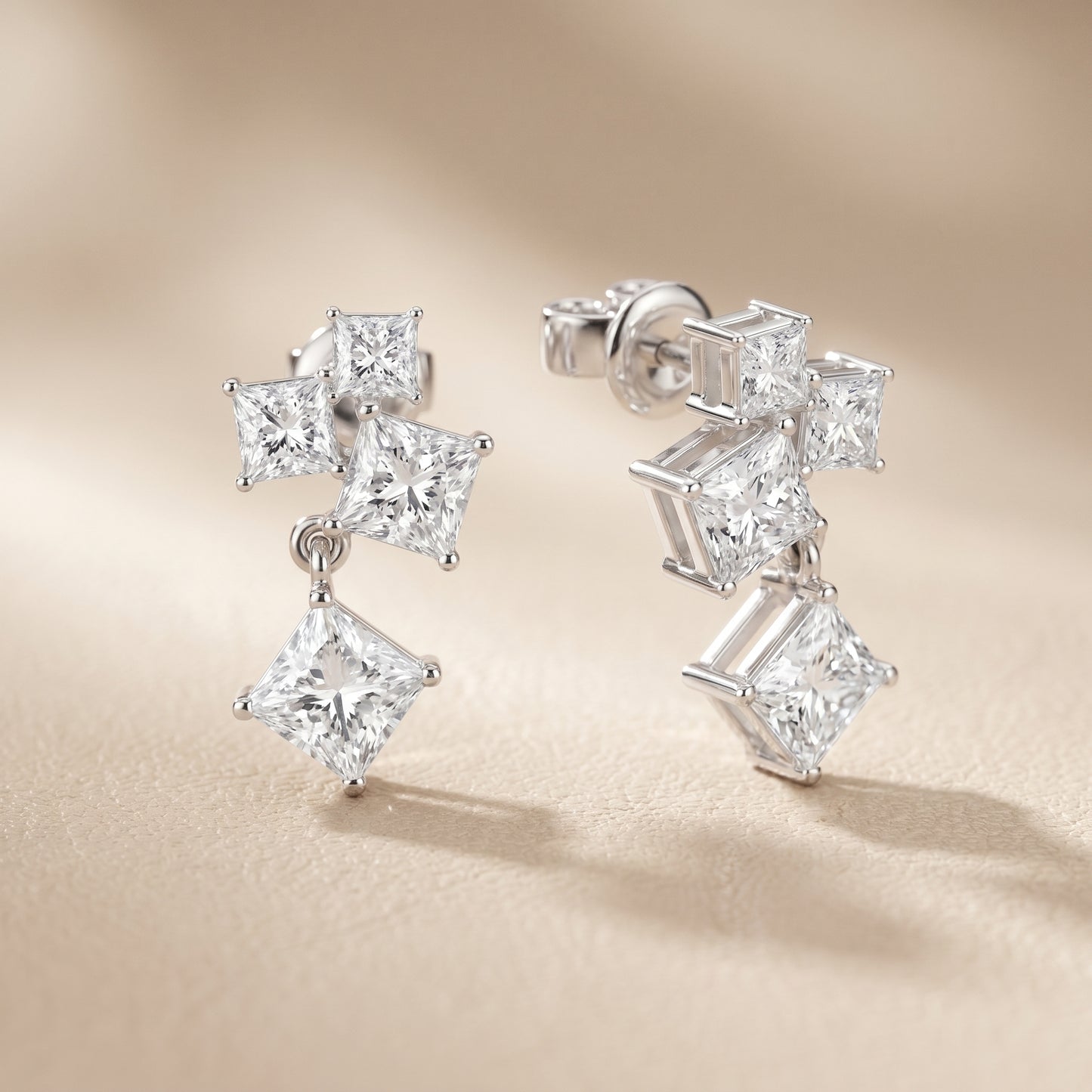 Princess Cut Lab Grown Diamond Crest Cluster Dangle Earrings in Platinum