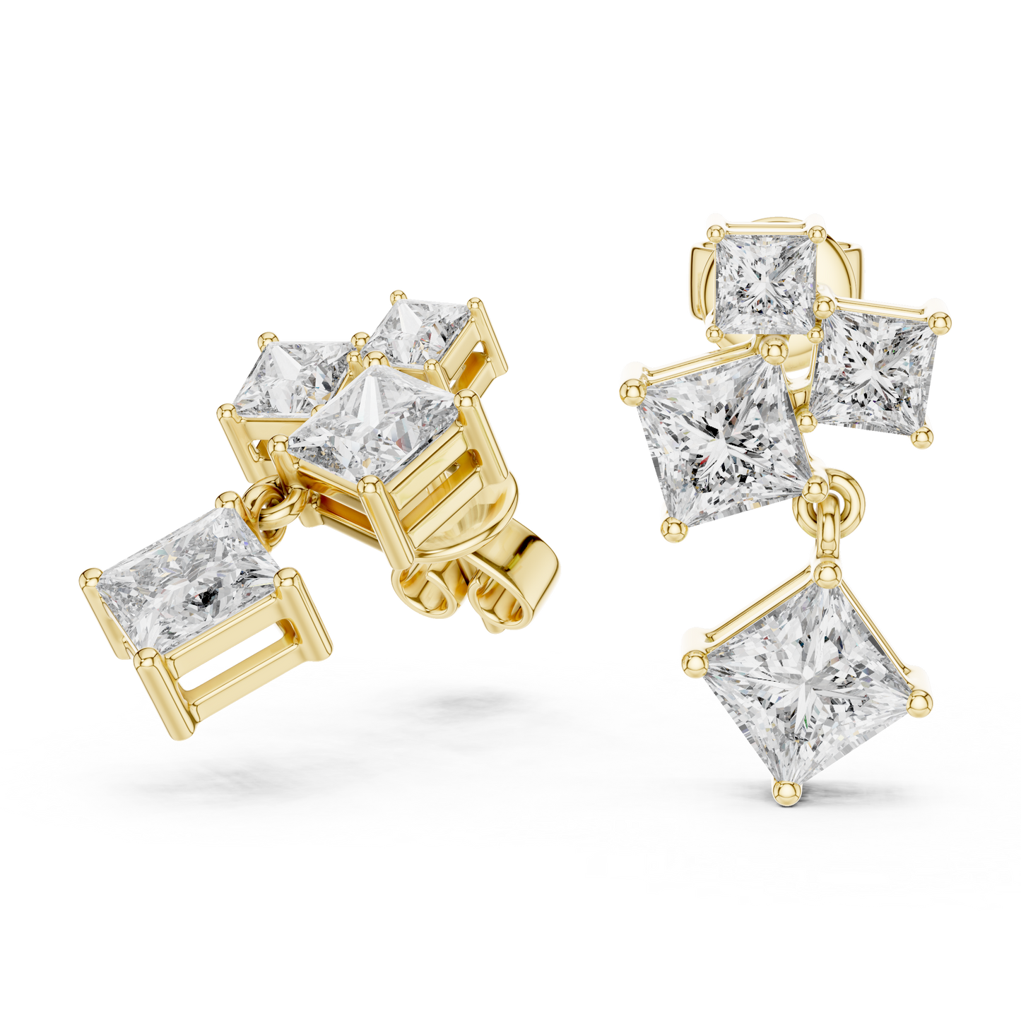 Princess Cut Lab Grown Diamond Crest Cluster Dangle Earrings in Yellow Gold