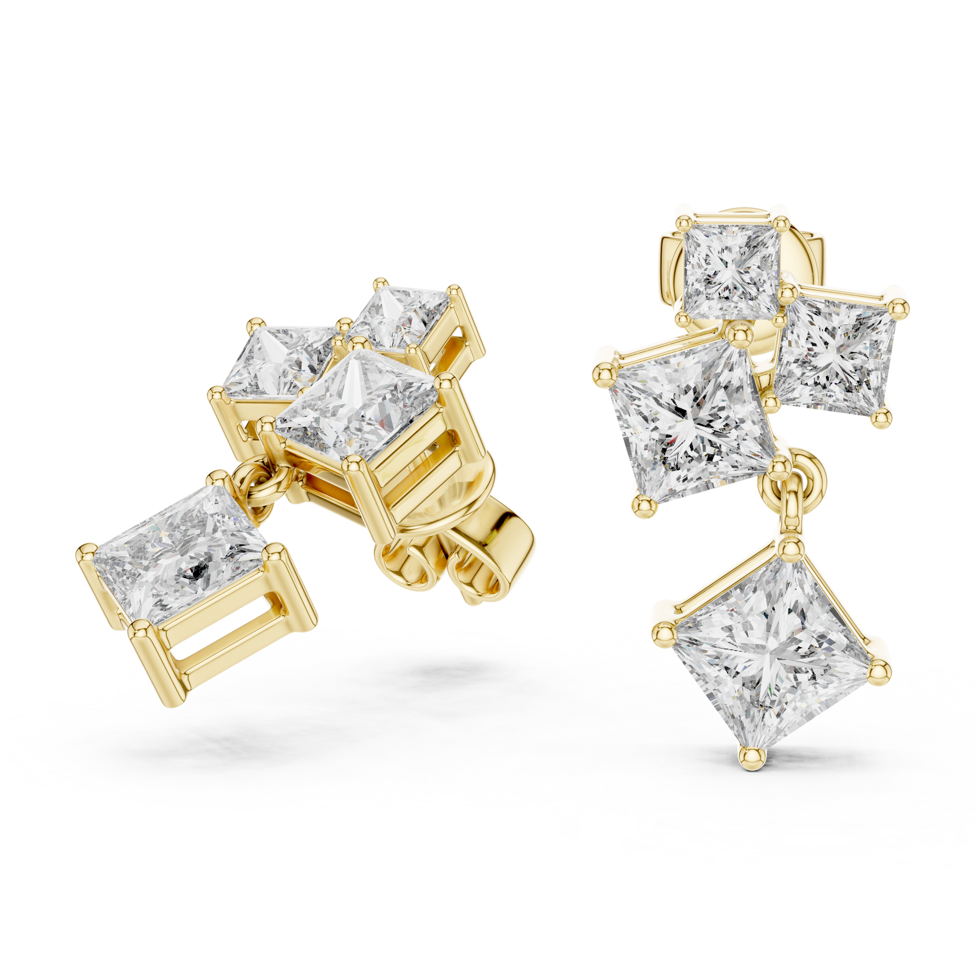 Princess Cut Lab Grown Diamond Crest Cluster Dangle Earrings in Yellow Gold