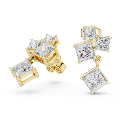 Princess Cut Lab Grown Diamond Crest Cluster Dangle Earrings in Yellow Gold