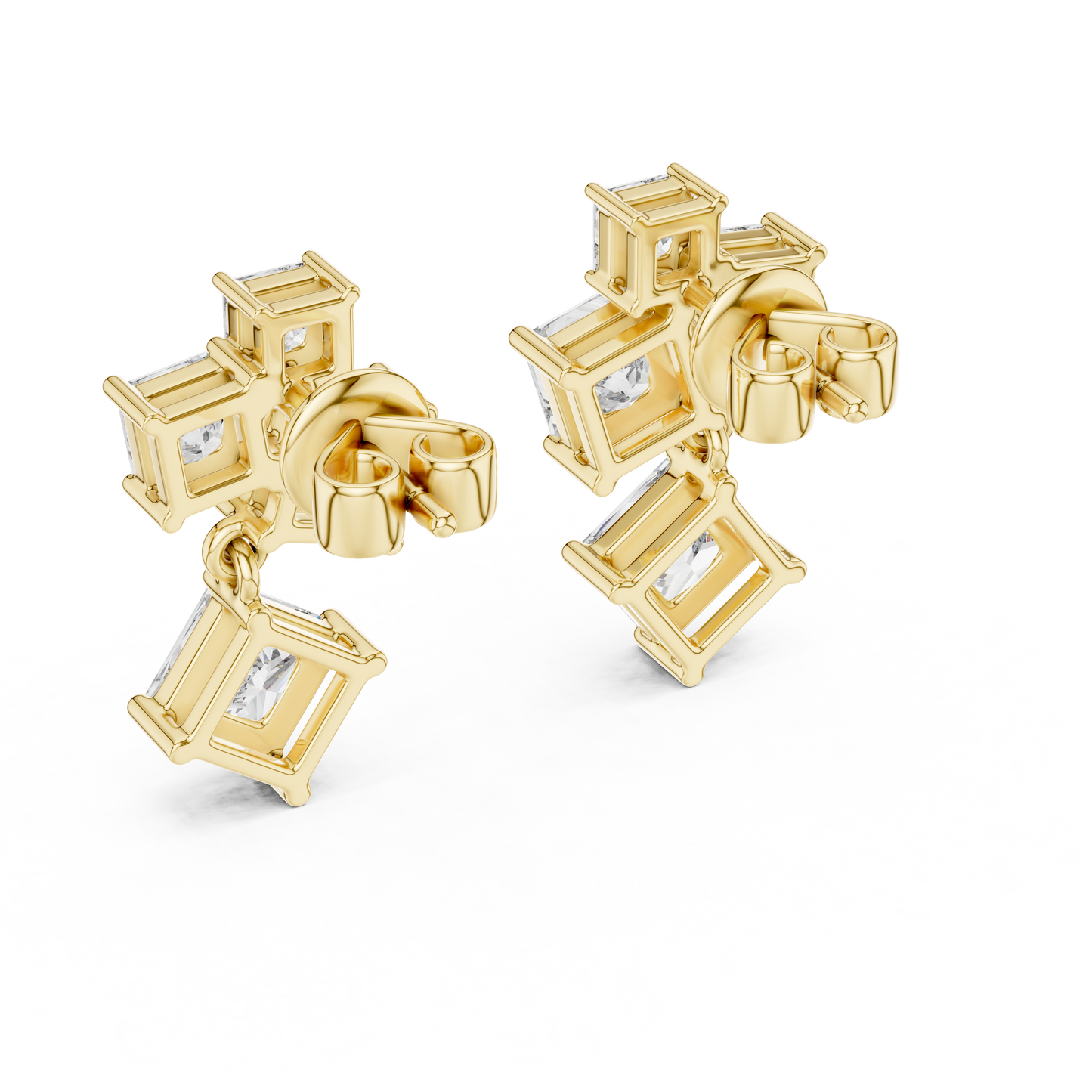 Princess Cut Lab Grown Diamond Crest Cluster Dangle Earrings in Yellow Gold