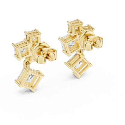 Princess Cut Lab Grown Diamond Crest Cluster Dangle Earrings in Yellow Gold