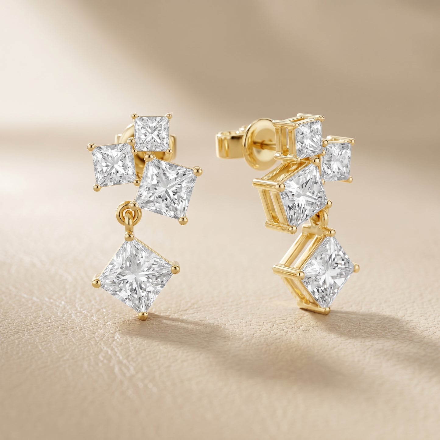 Princess Cut Lab Grown Diamond Crest Cluster Dangle Earrings in Yellow Gold