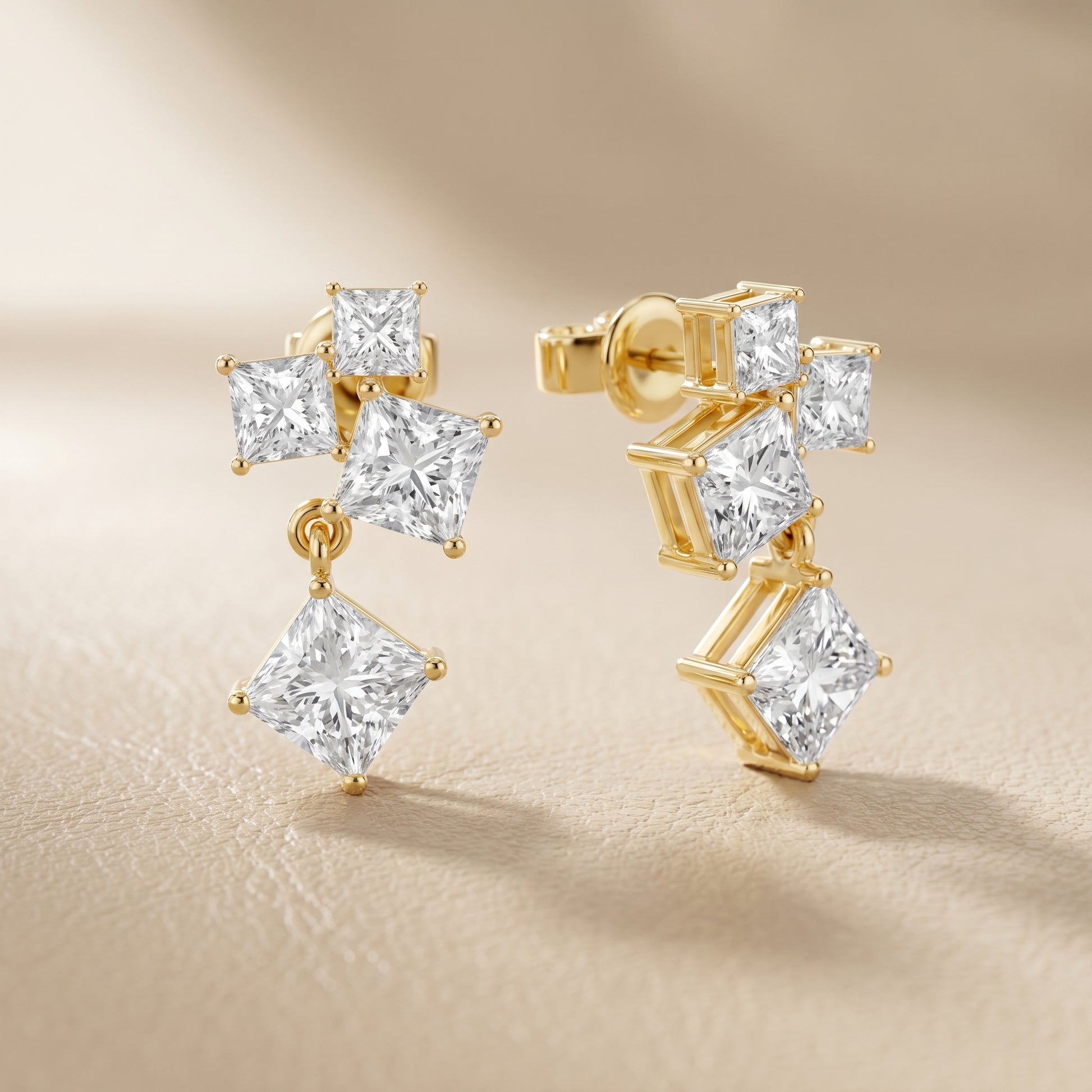 Princess Cut Lab Grown Diamond Crest Cluster Dangle Earrings in Yellow Gold