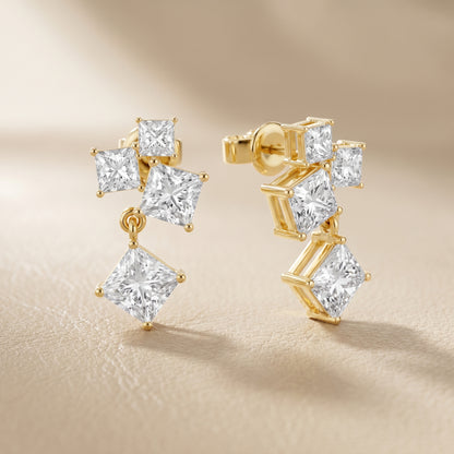 Princess Cut Lab Grown Diamond Crest Cluster Dangle Earrings in Yellow Gold