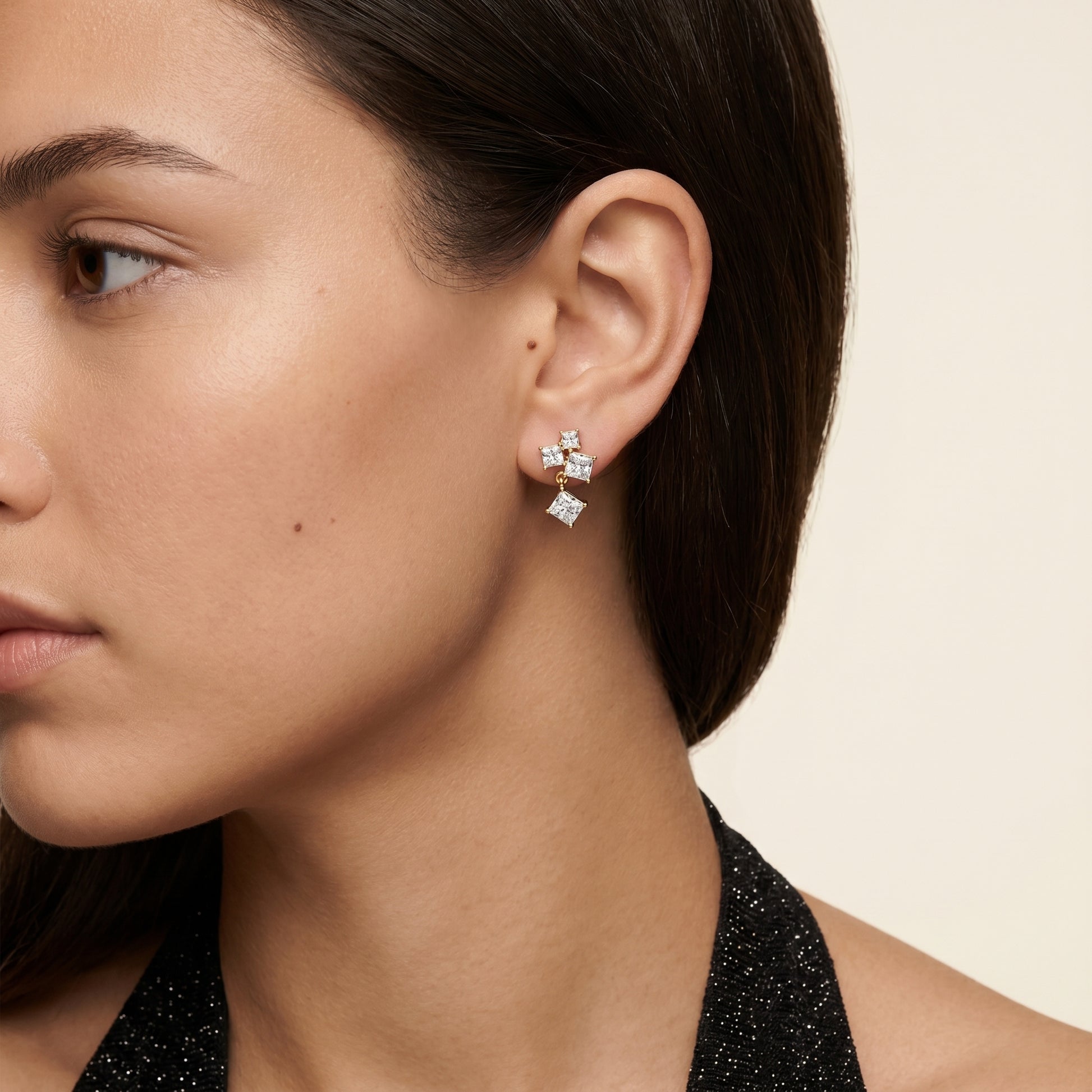 Princess Cut Lab Grown Diamond Crest Cluster Dangle Earrings in Yellow Gold