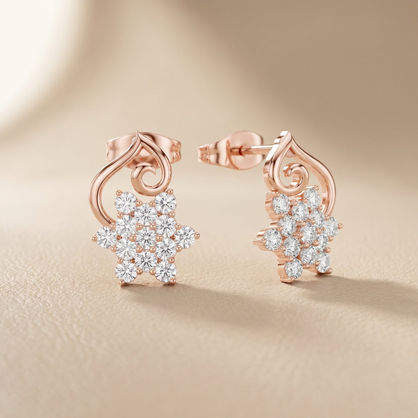 Round Cut Lab Grown Diamond Petal Cluster Stud Earrings in Rose Gold