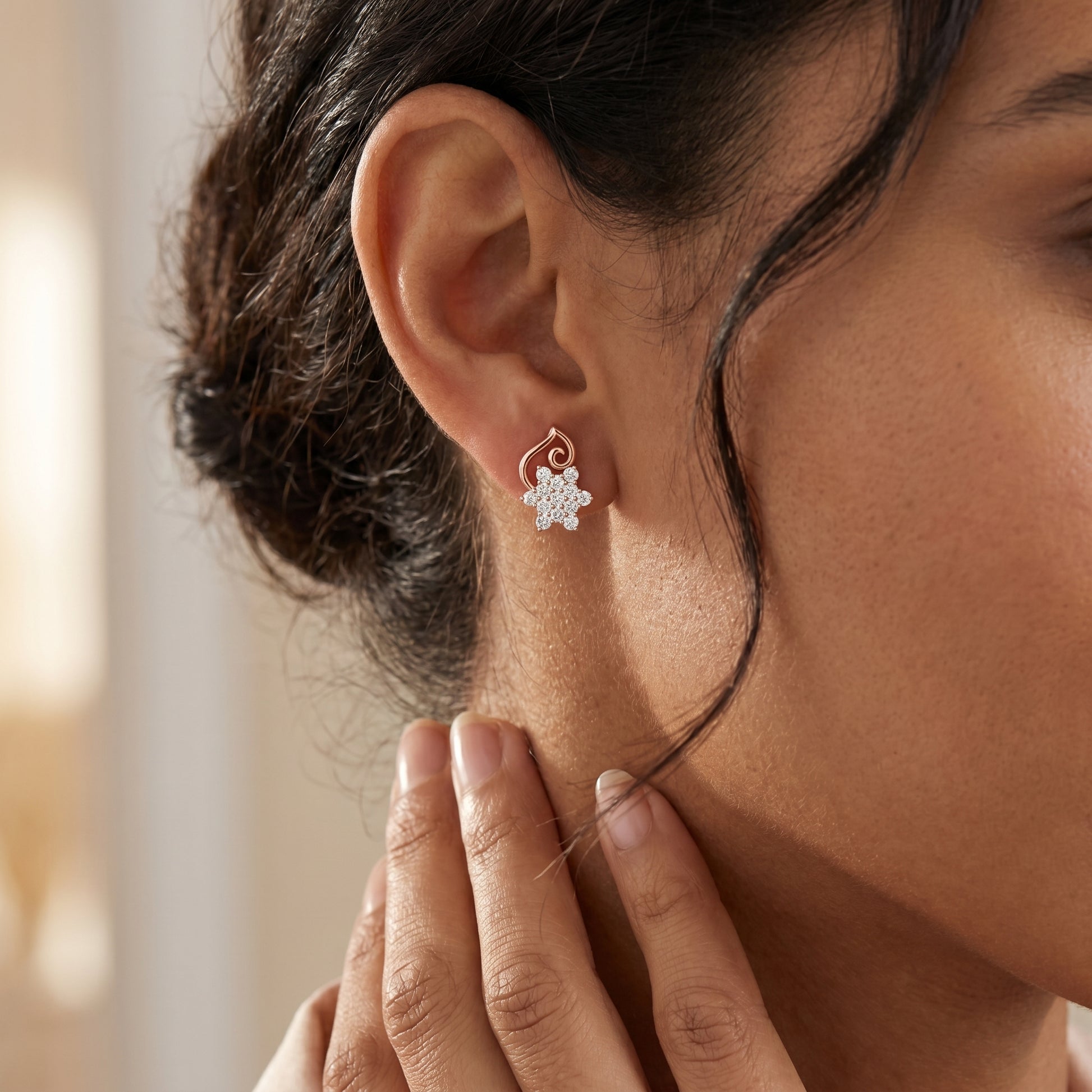 Round Cut Lab Grown Diamond Petal Cluster Stud Earrings in Rose Gold