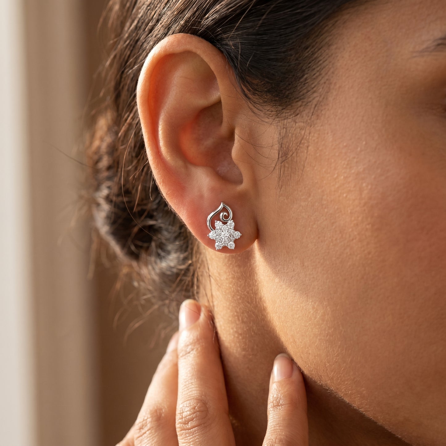 Round Cut Lab Grown Diamond Petal Cluster Stud Earrings in White Gold