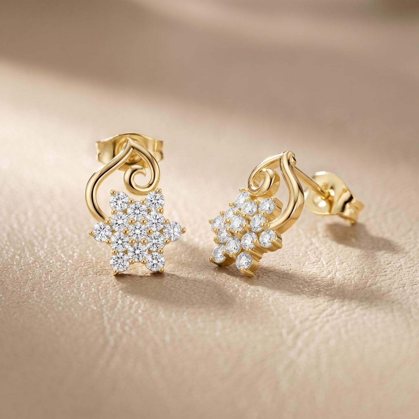 Round Cut Lab Grown Diamond Petal Cluster Stud Earrings in Yellow Gold
